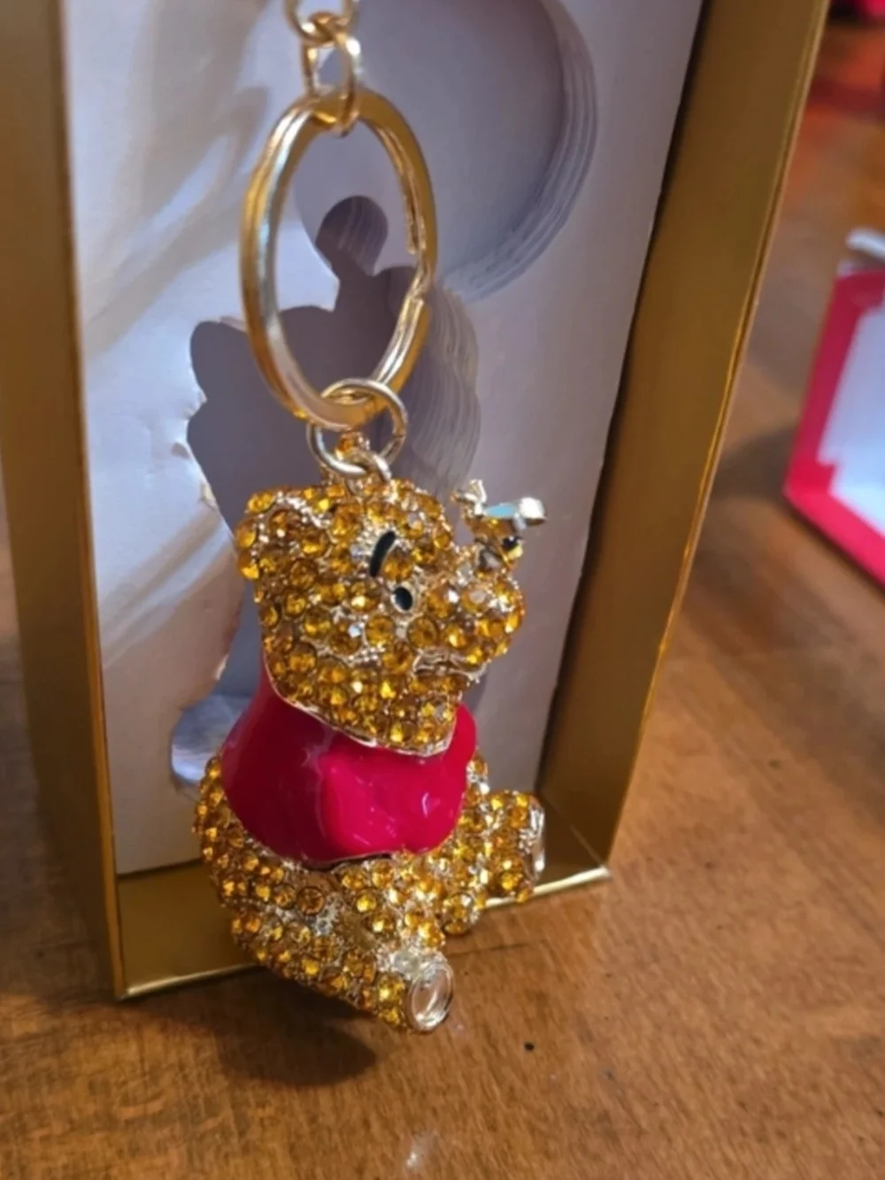 Gold Crystal Bear Keychain with Red Sweater